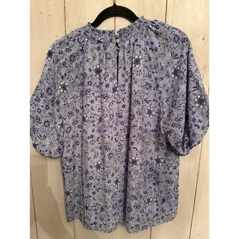 Ann Taylor LOFT Light Blue Floral Blouse Lg Puff Balloon Sleeve Cottage Core Top
